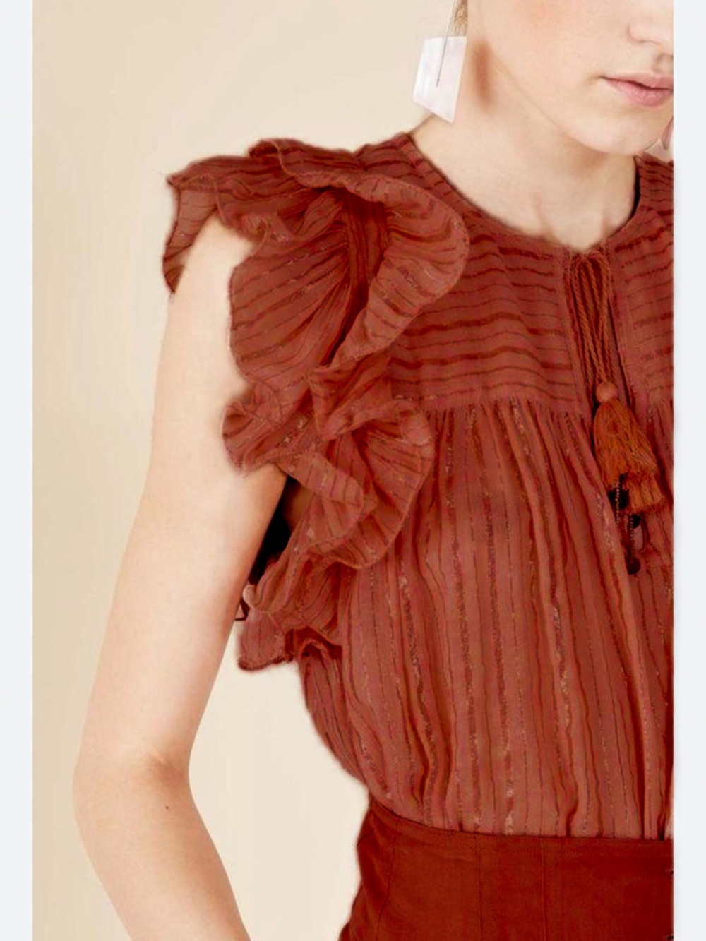 Ulla Johnson Cora Blouse Metallic Stripe Rust Ruffle Sleeve Boho Top Size 6